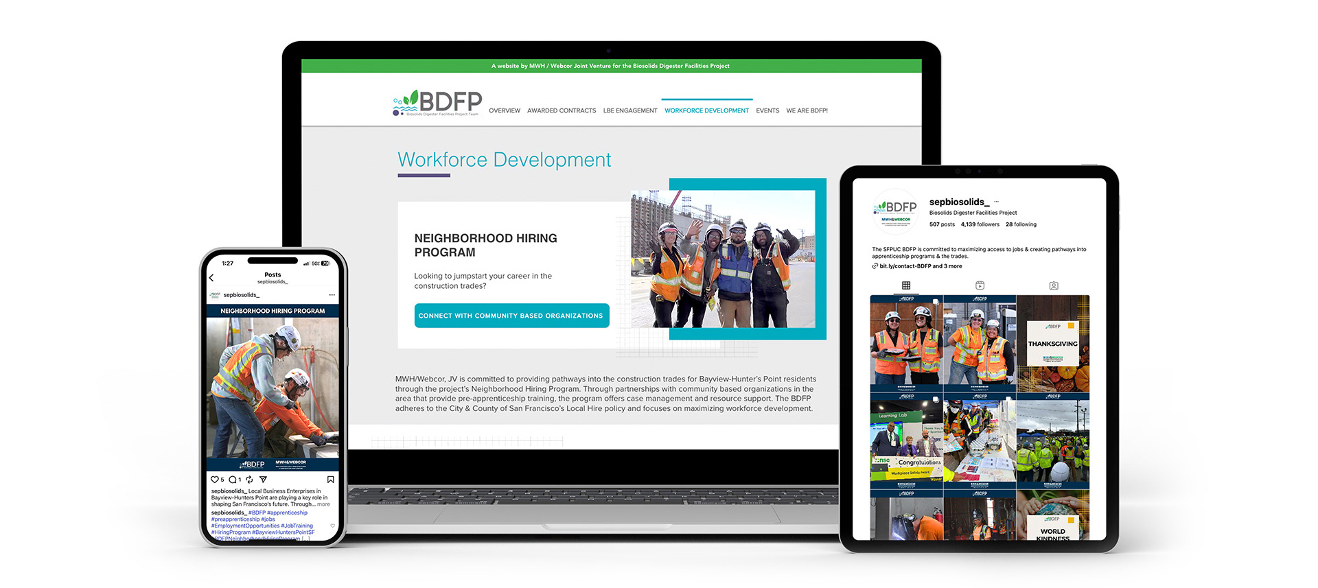 Smartphone, laptop, and tablet displaying the Biosolids Digester Facilities Project website and social media pages focusing on workforce development and neighborhood hiring in construction trades.