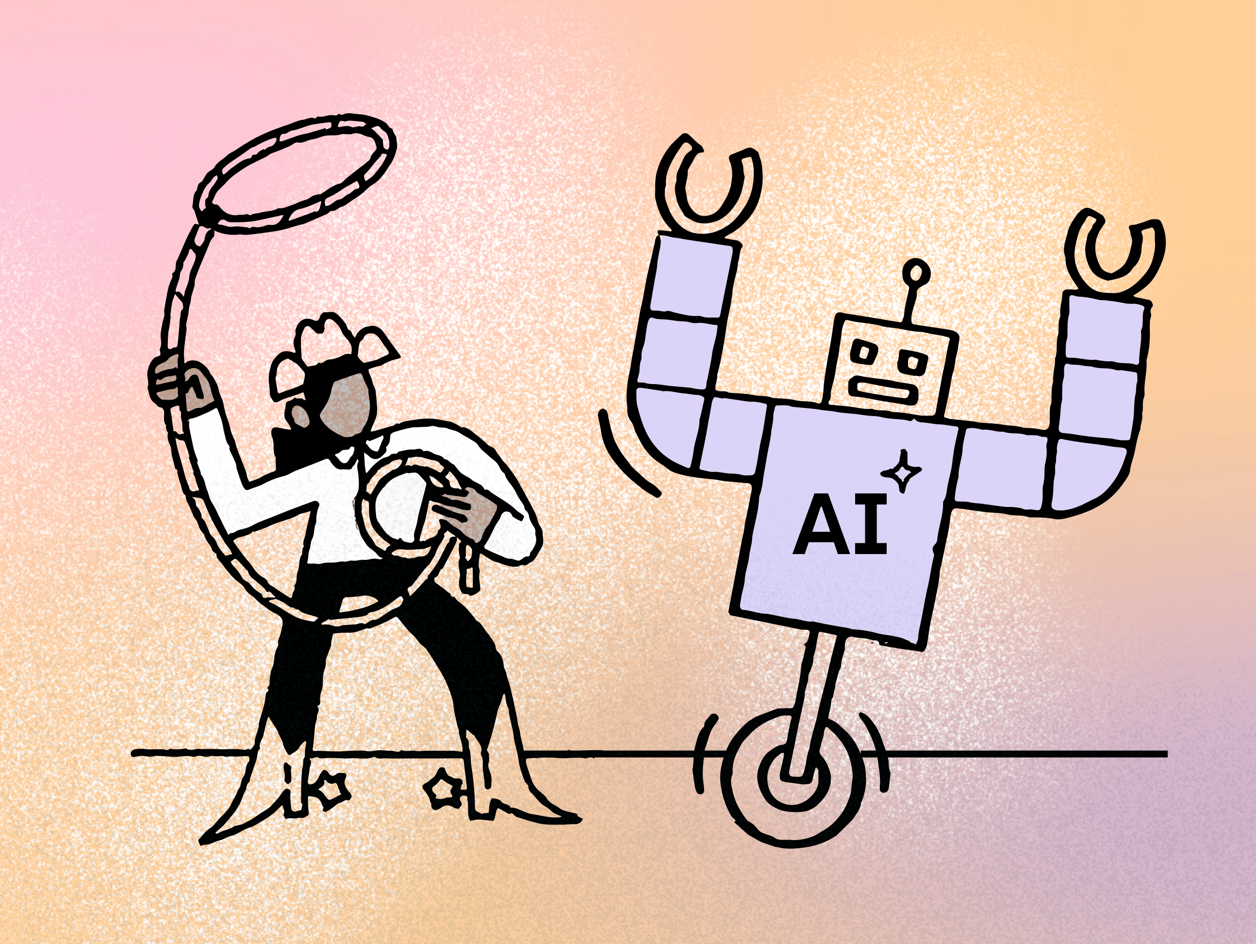 A girl lassoing an AI robot cartoon