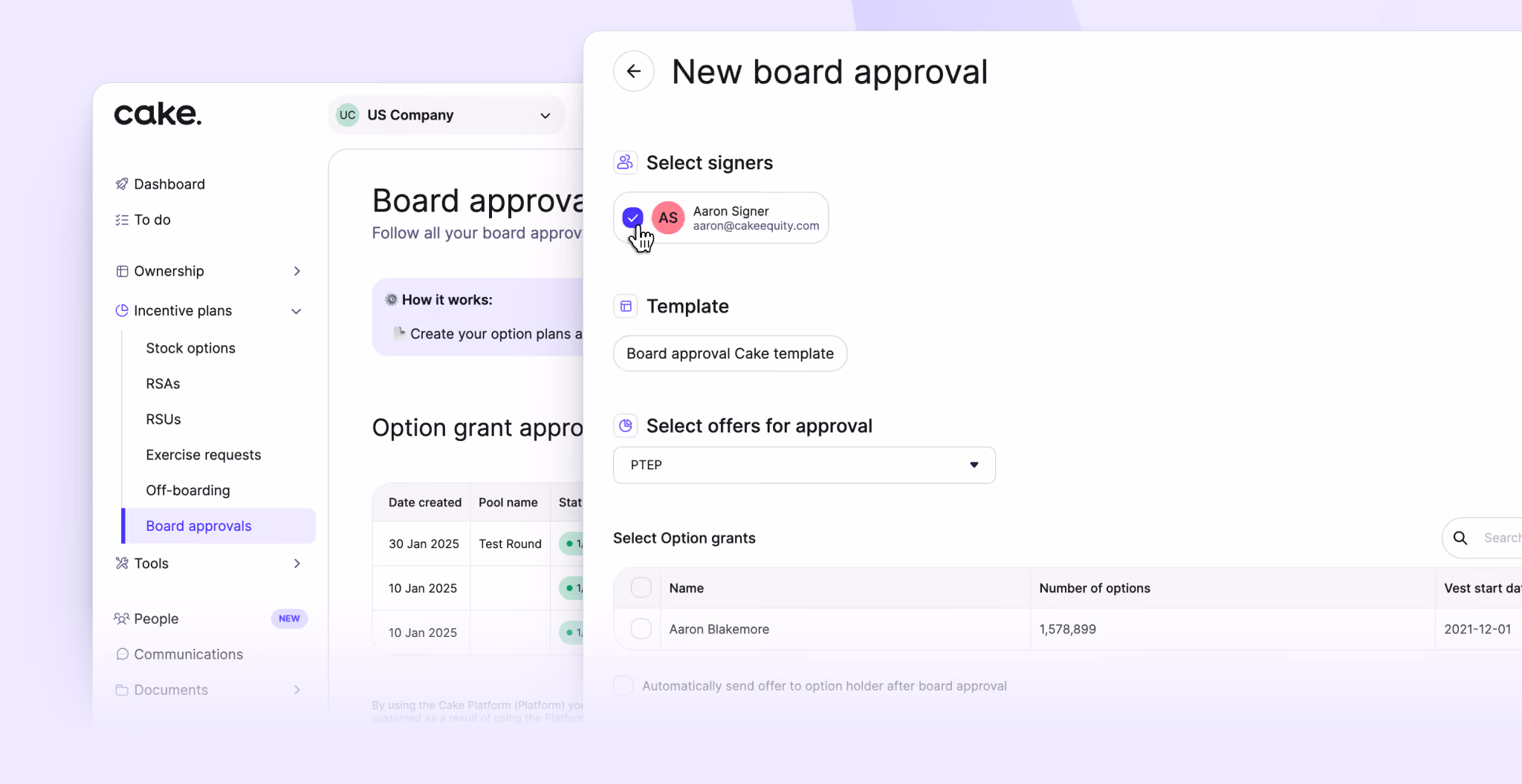 Cake Equity — board approvals on equity grants