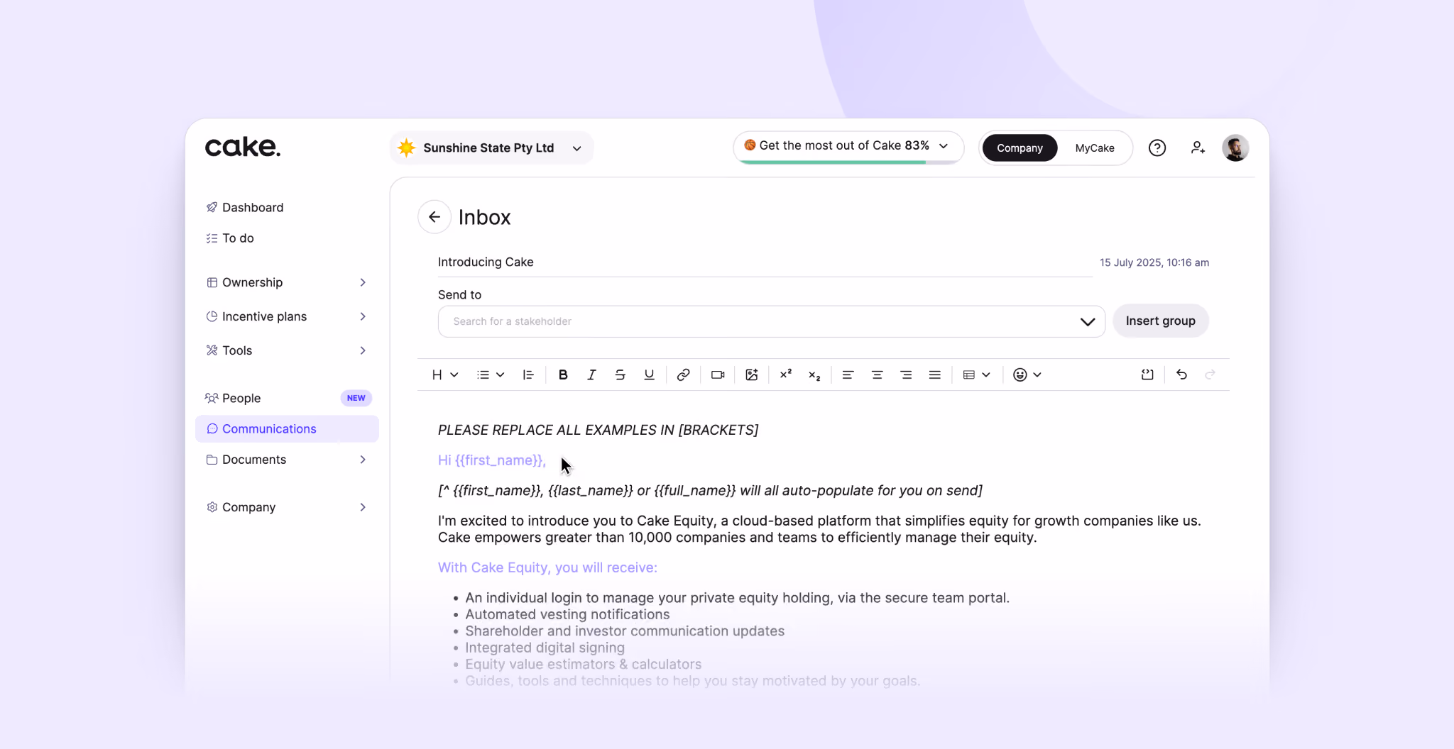 CakeEquity — personalized communications in equity app