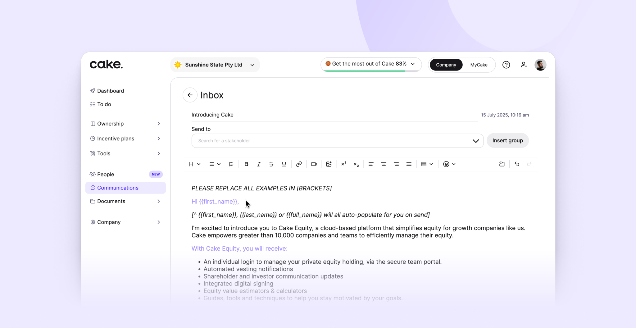 CakeEquity — personalized communications in equity app