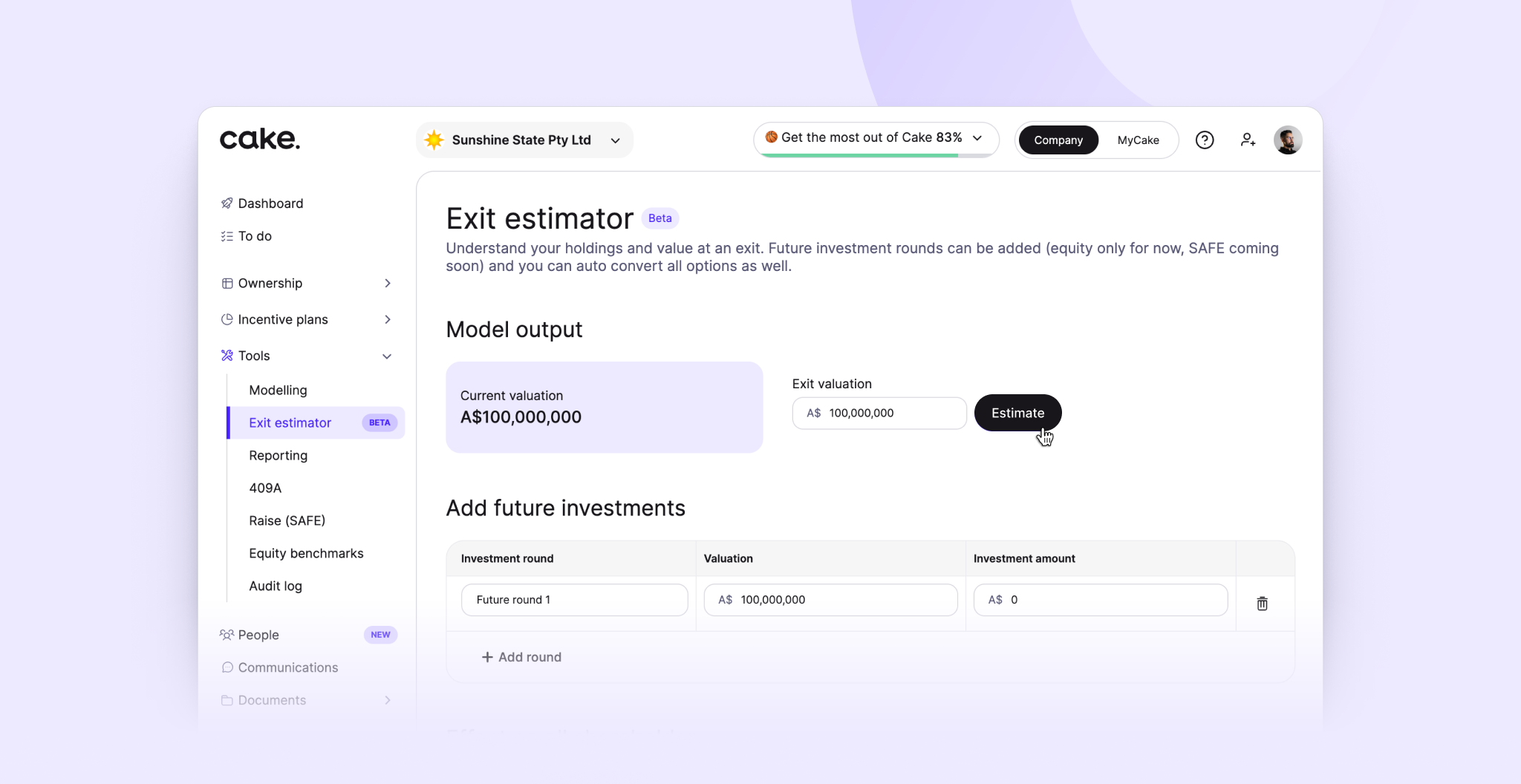 CakeEquity — reverse cap table modeling