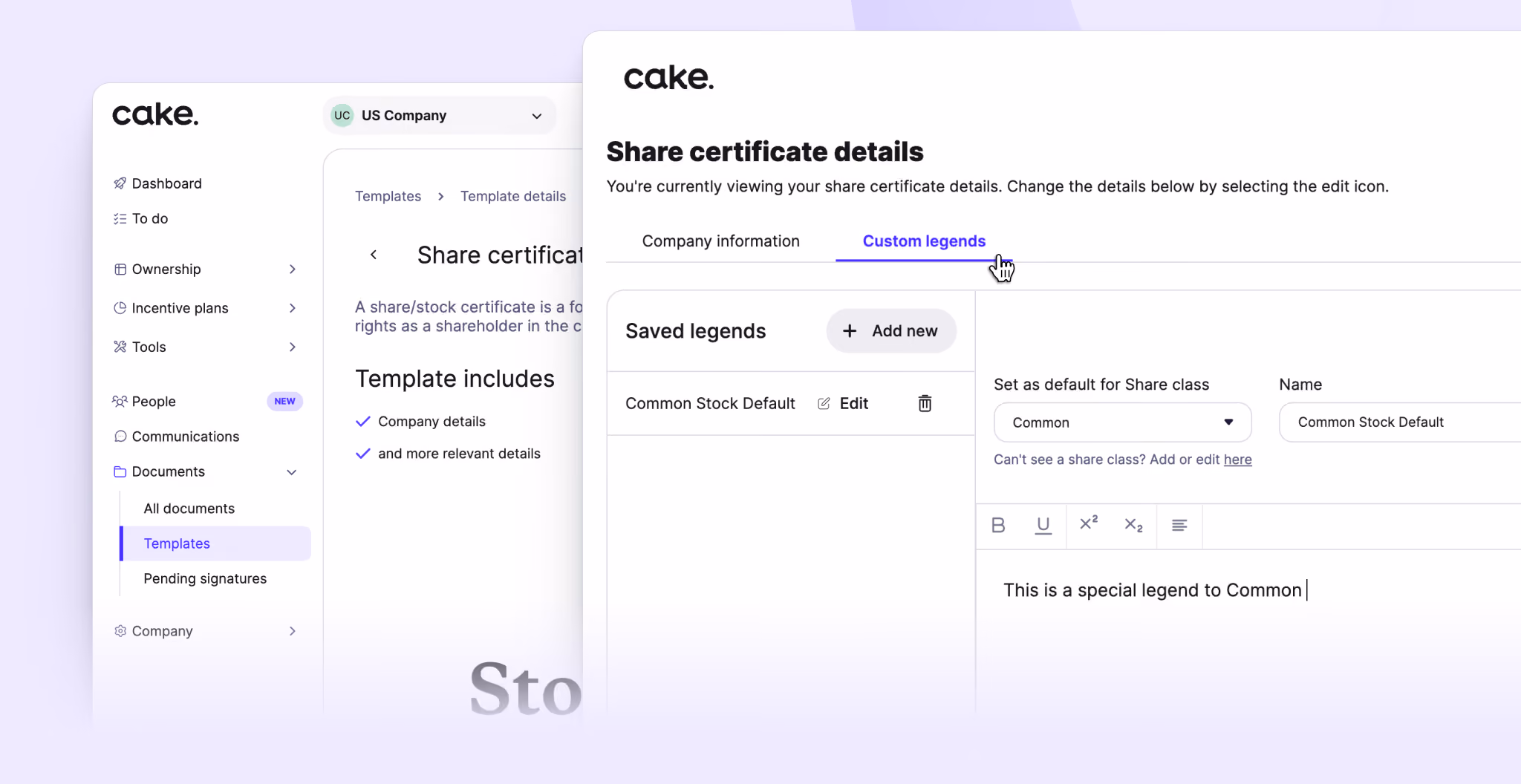 CakeEquity — share certificate custom legend