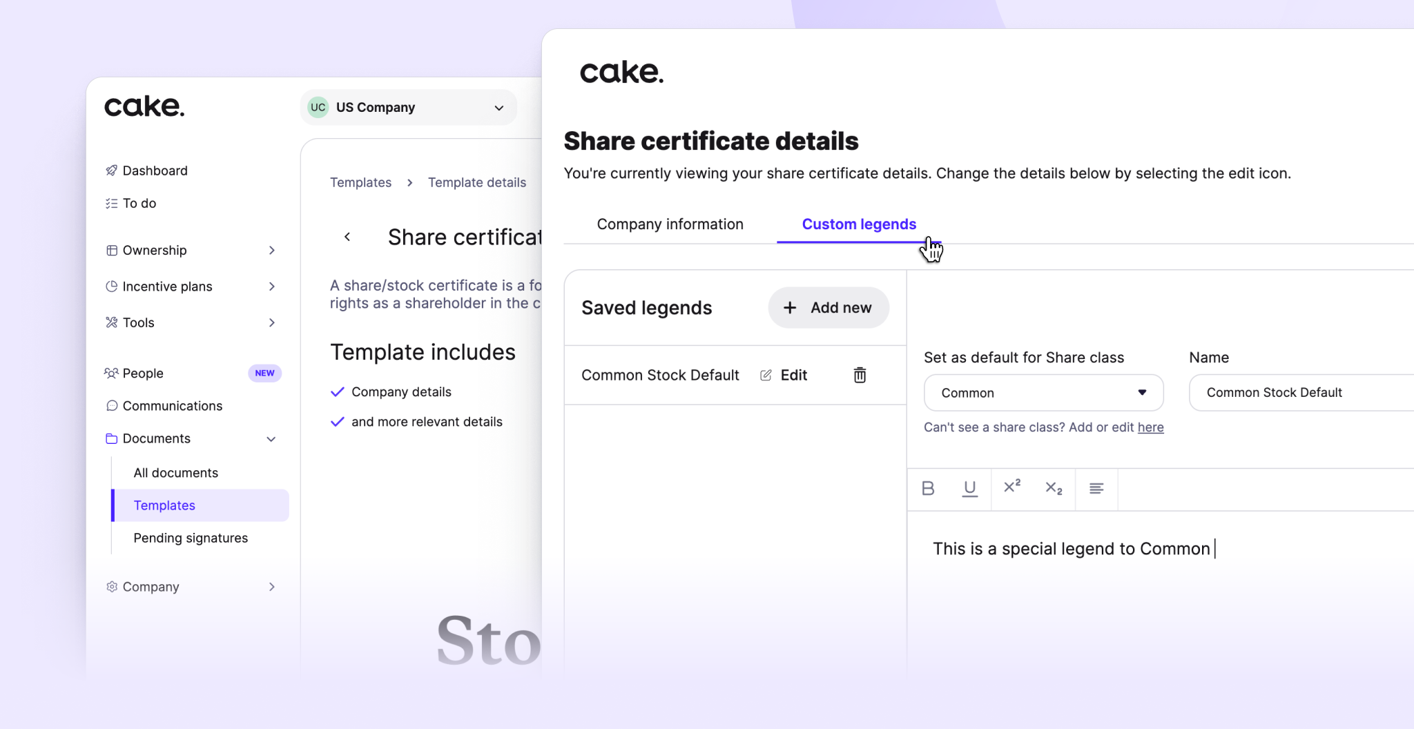 CakeEquity — share certificate custom legend