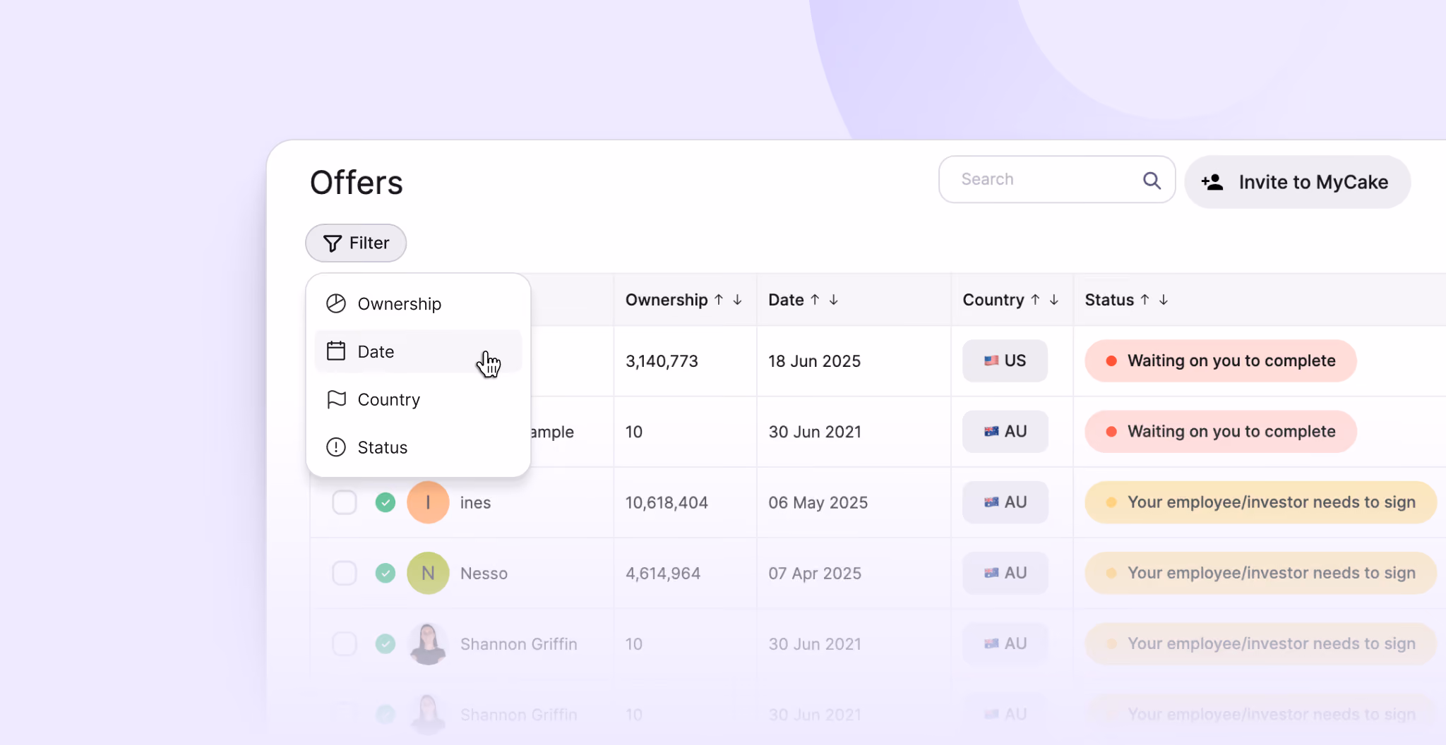 CakeEquity — cap table management, filter, sort, and search