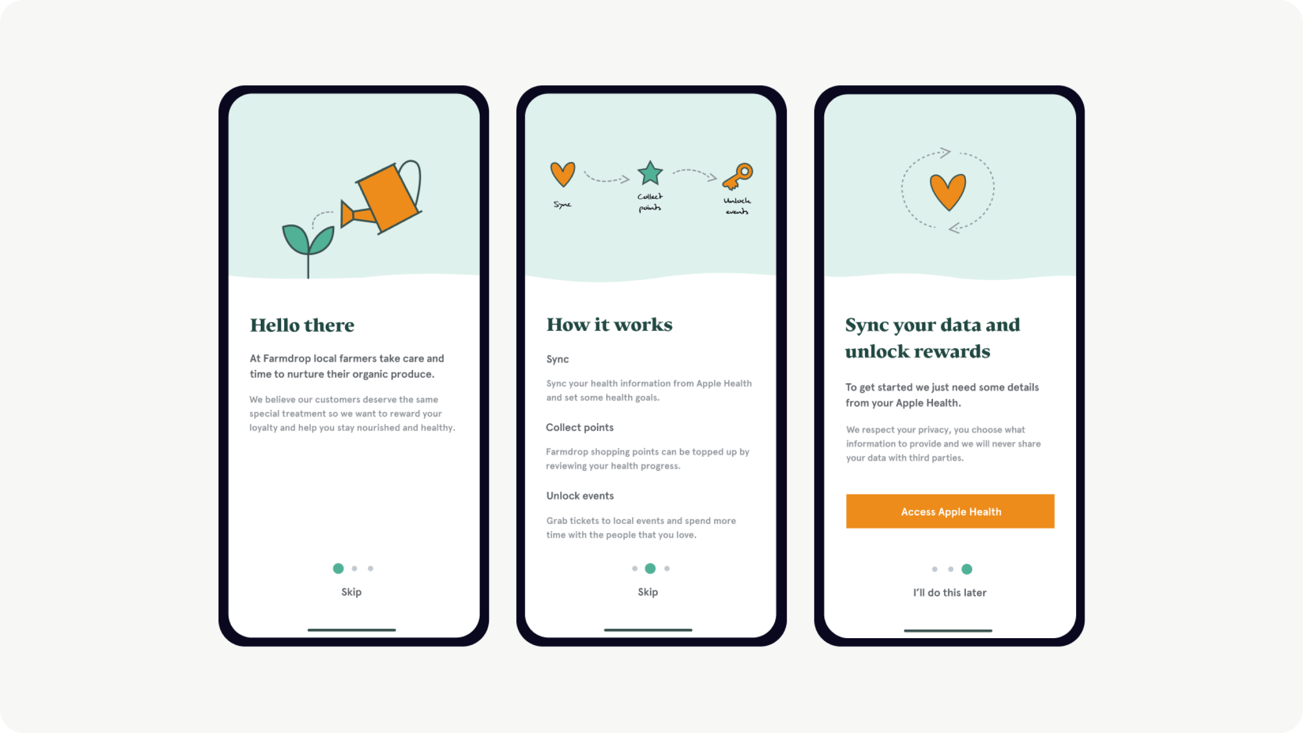 Three onboarding screens for the Cultivate app. The left shows a welcome message and a watering can watering the brand seed, the middle shows that you sync, collect points and unlock events through the a and the third screen shows a message about data privacy, the option to sync with your Apple Health account and there is an image of a heart.
