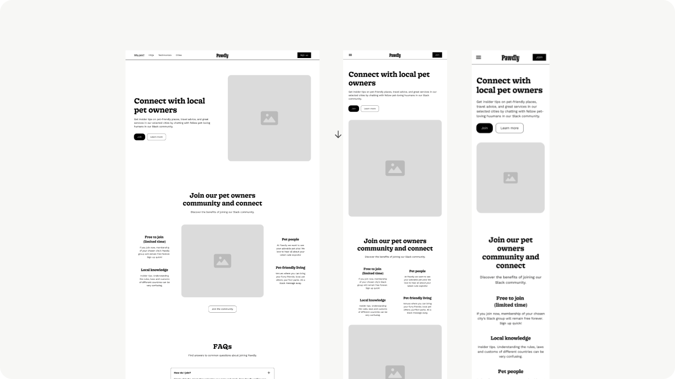 Early homepage wireframes of the Pawdly site for desktop; tablet and mobile .