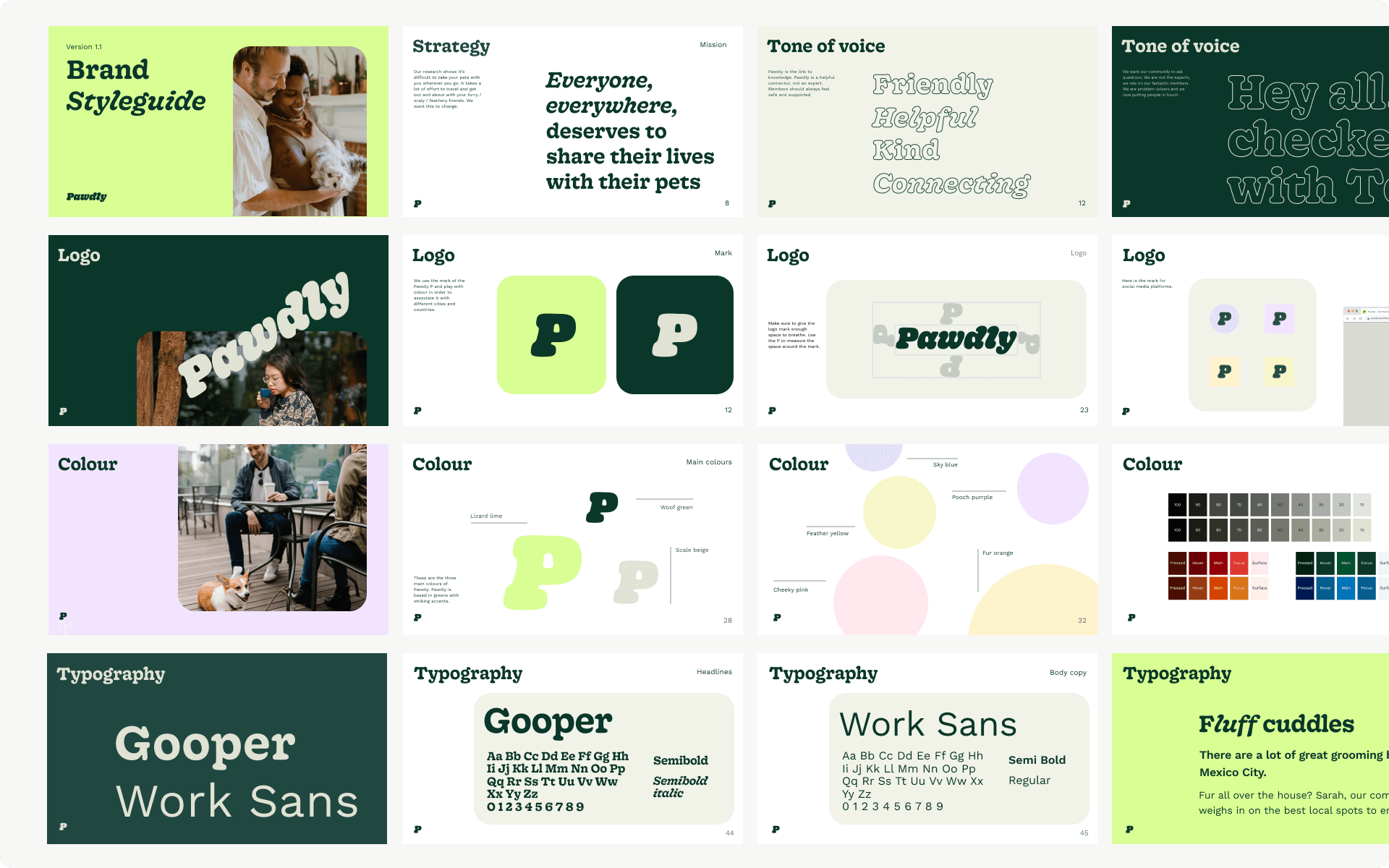 The style guide for Pawdly. This shows different sections such as treatments for strategy; tone of voice; logos; colour and typography.