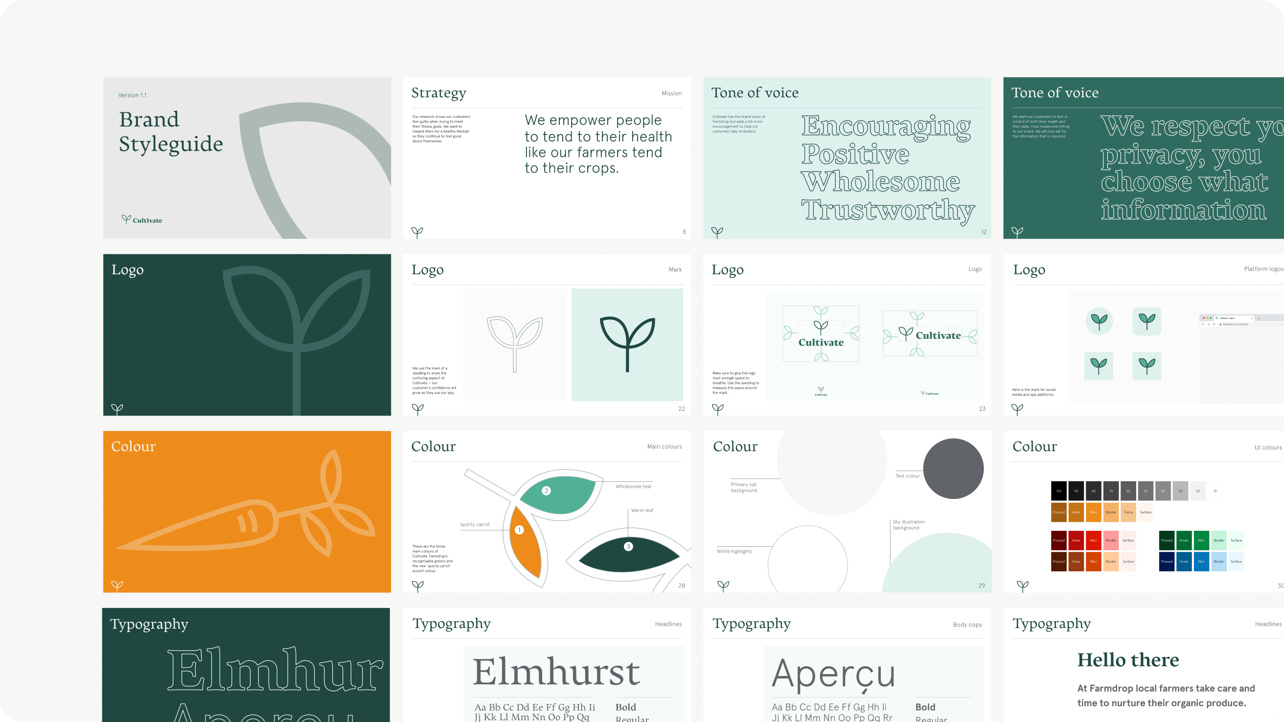 Cultivate style and tone of voice guide. Pages explaining typeface-, colour- and logo-use.