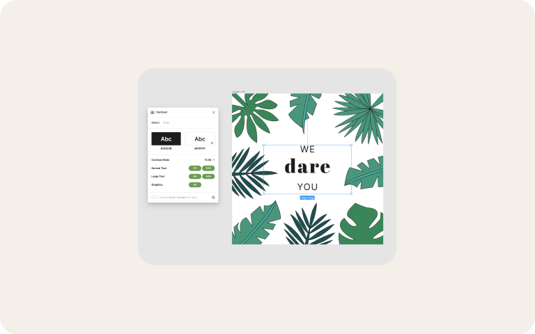 The contrast plugin in Figma showing the text selected &quot;We dare you&quot; passes AAA contrast levels.This text is from the Detox Kitchen Vegan Challenge GIF in the Futurelabs case study area.