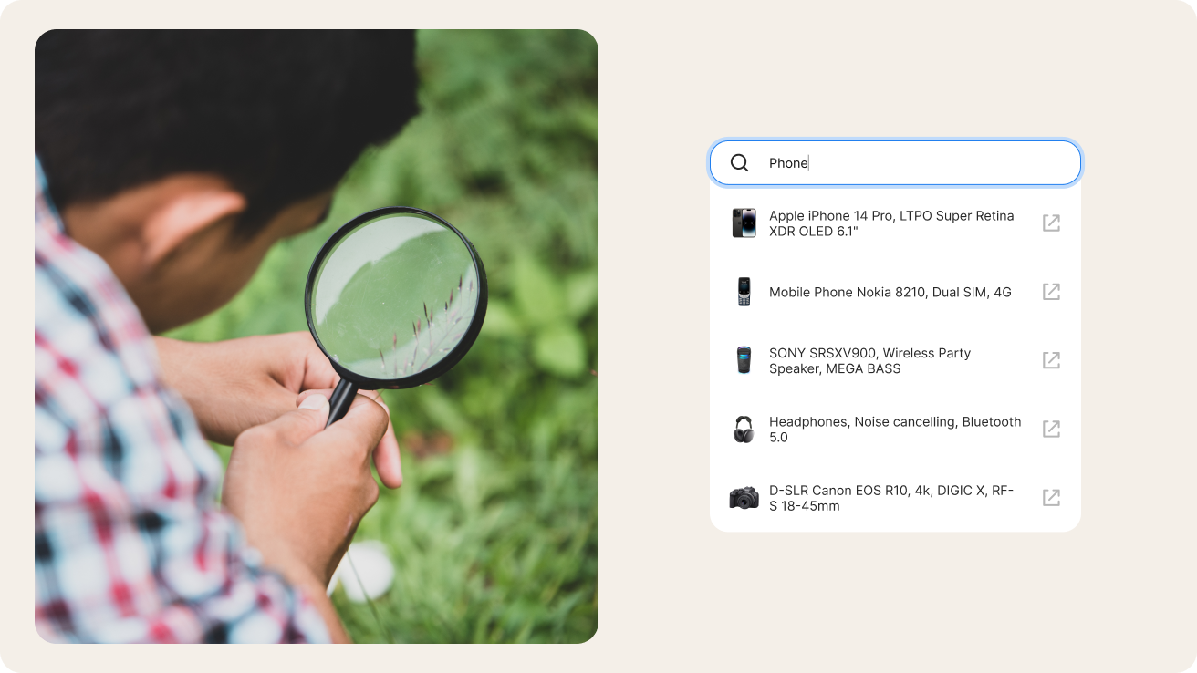 On the left a boy looks through a magnifying glass in a photo, on the right is a search interface element with a magnifying glass in the search bar. 