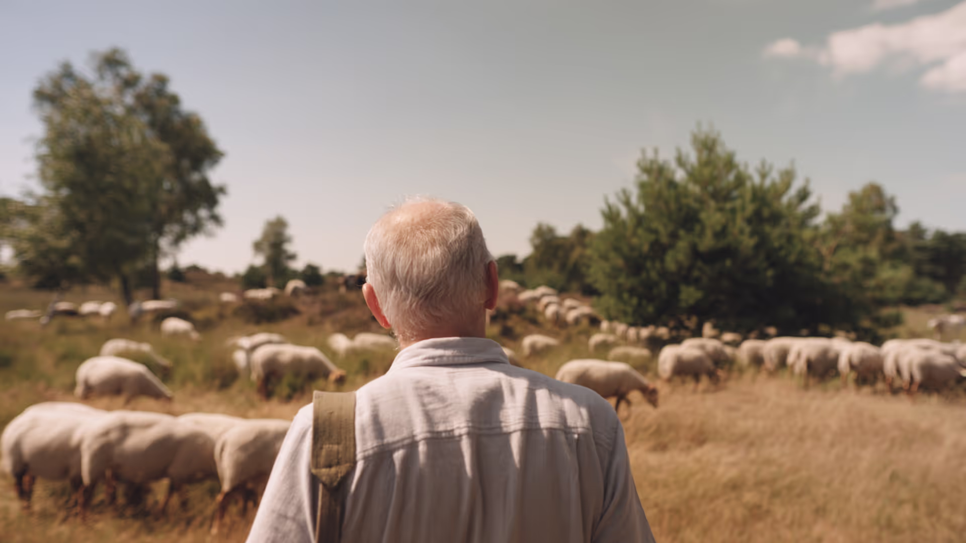A man standing in a field with sheep.