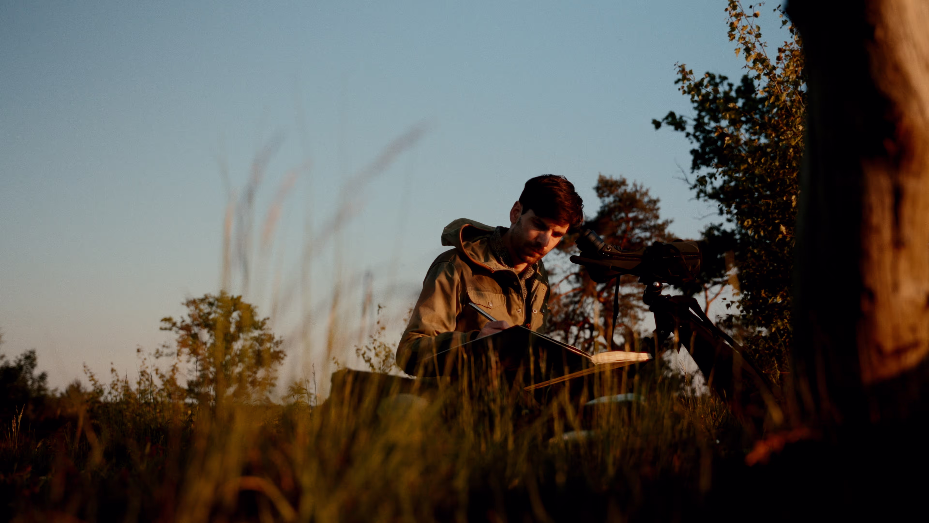 A man sitting in nature painting birds at sundown.
