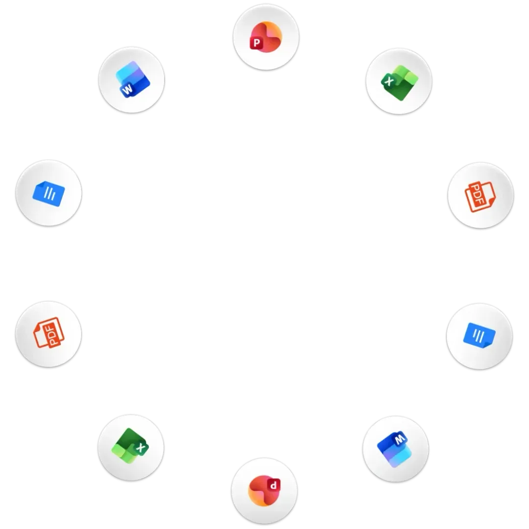 Network diagram linking Microsoft Office and PDF icons representing Word, PowerPoint, Excel, PDF, and OneNote apps.