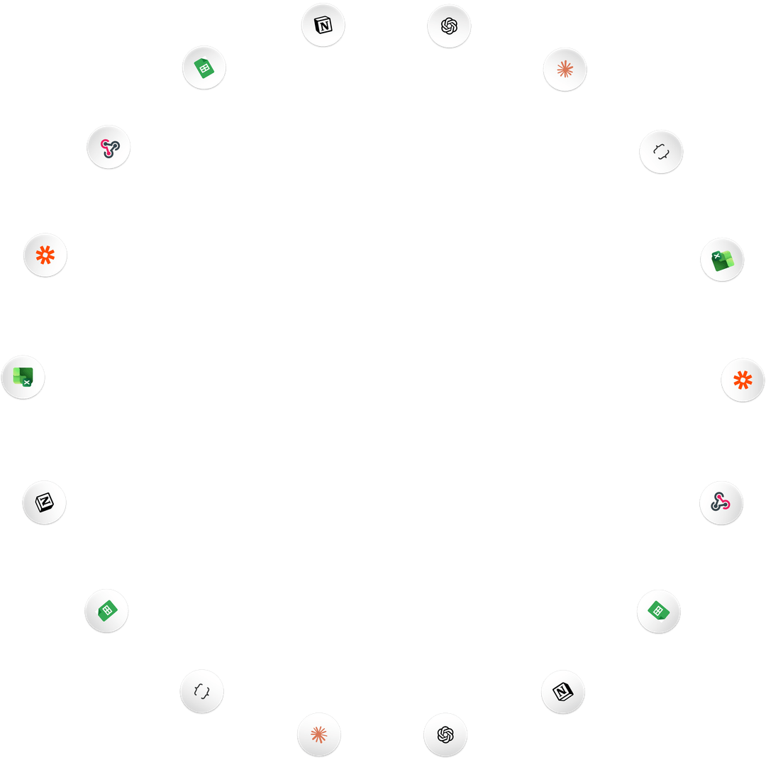 Circular arrangement of various app icons including Notion, ChatGPT, Excel, Zapier, and others on white circles.