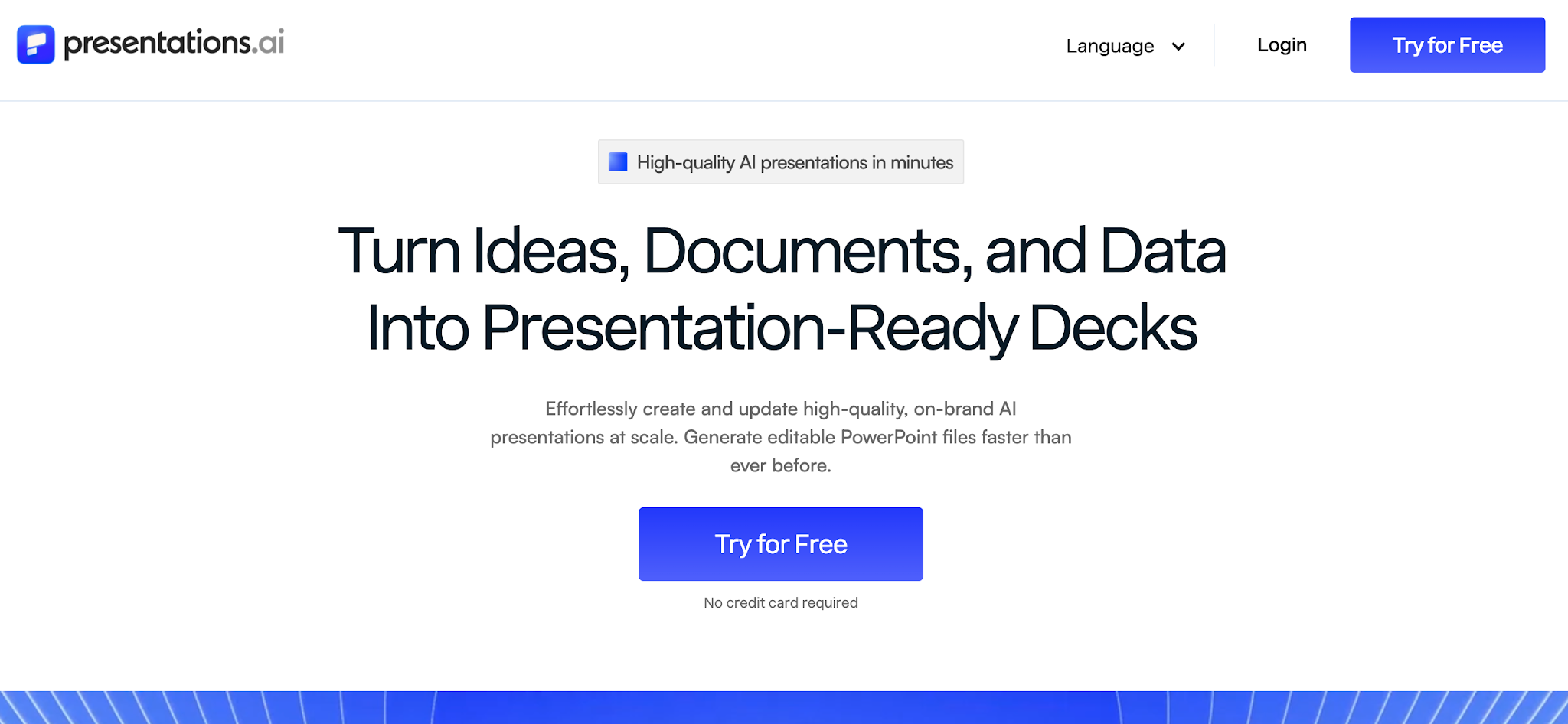 Presentations.AI homepage showing the AI presentation maker interface