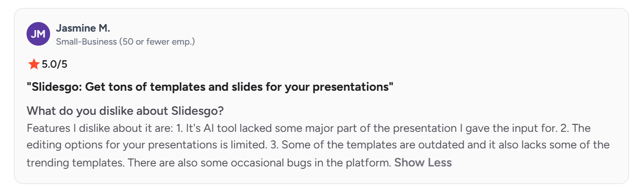 Customer review card showing a 5/5 Slidesgo rating while noting limitations with AI-generated content, presentation editing, outdated templates, and occasional bugs.