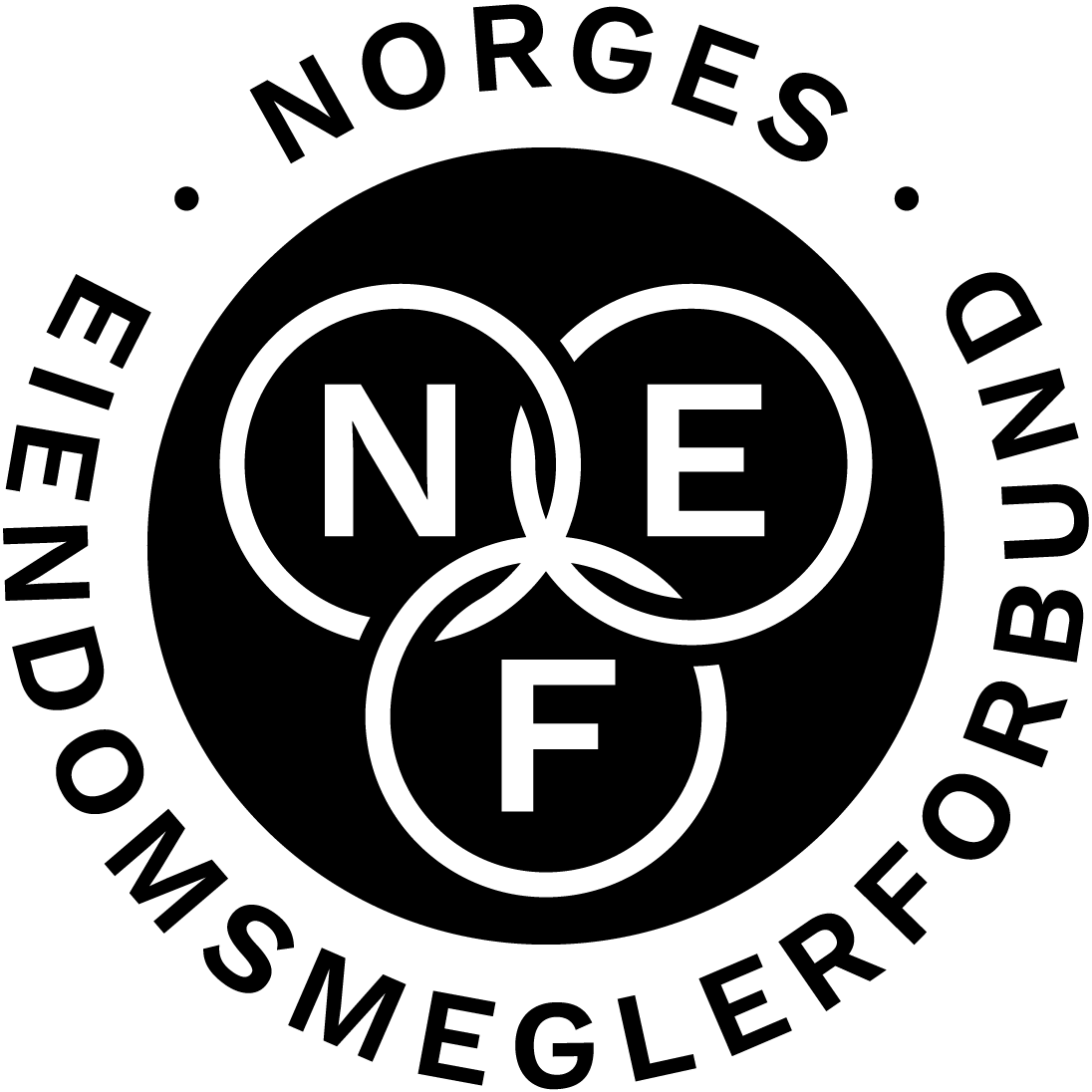 Logo med tre overlappende sirkler, hver med bokstavene N, E og F i hvitt på svart bakgrunn. Norges Eiendomsmeglerforbund