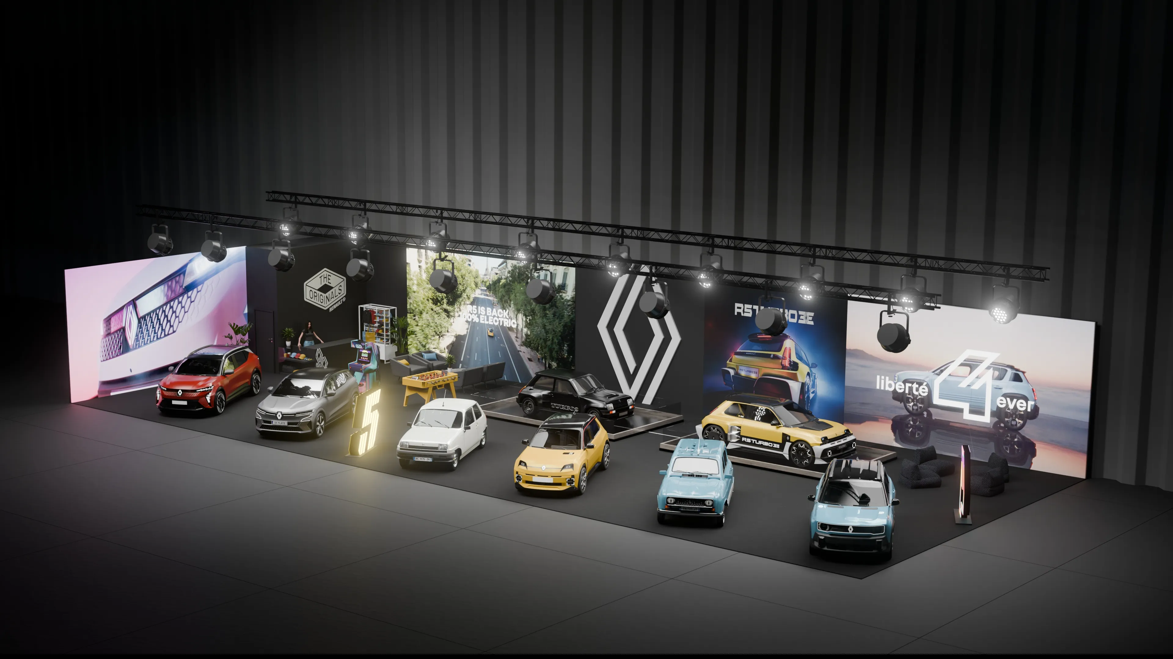 Utstilling av ni Renault-biler i forskjellige farger på en messe med opplyste skjermer og lyseffekter.