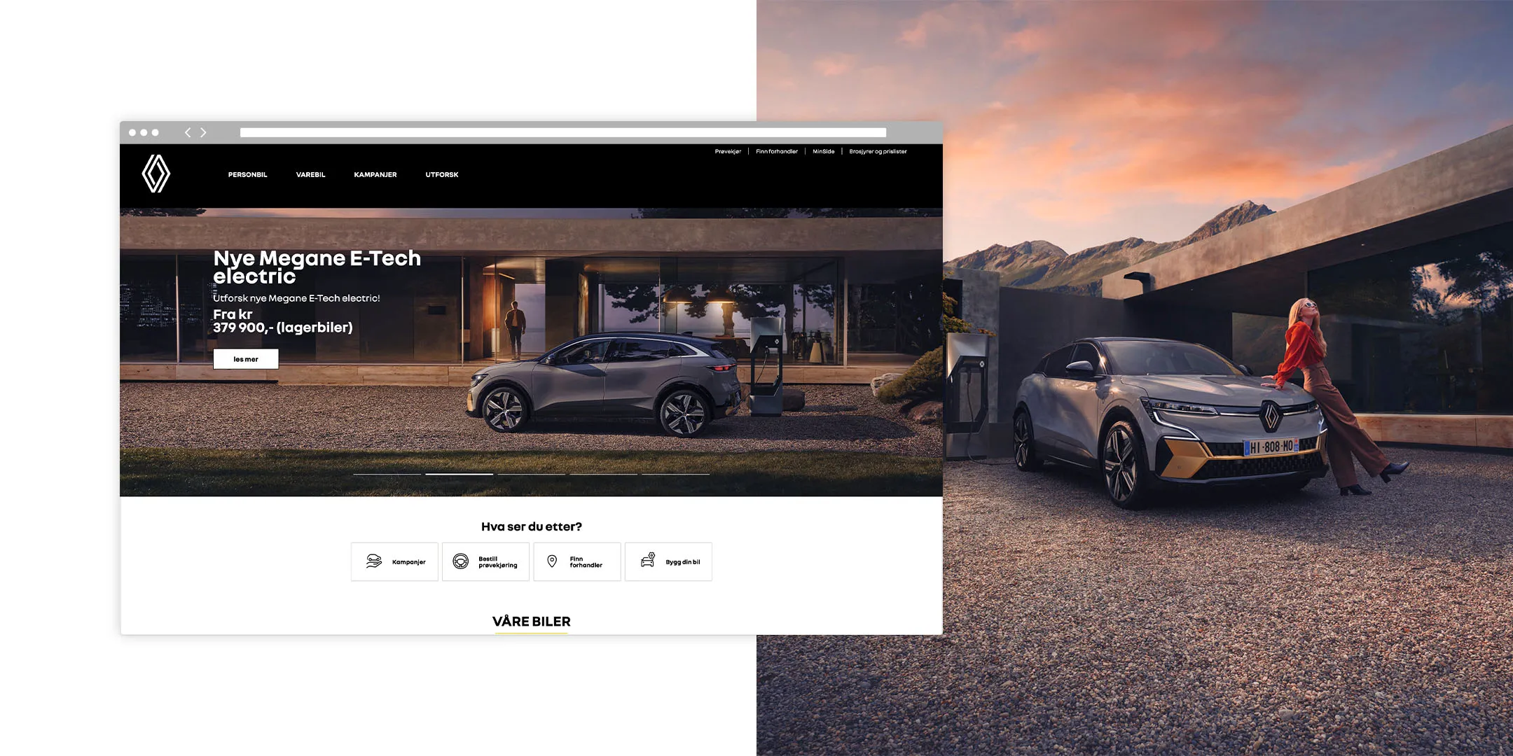 Grå Renault Megane E-Tech elektrisk SUV parkert foran moderne hus ved solnedgang med kvinne som lener seg mot bilen.