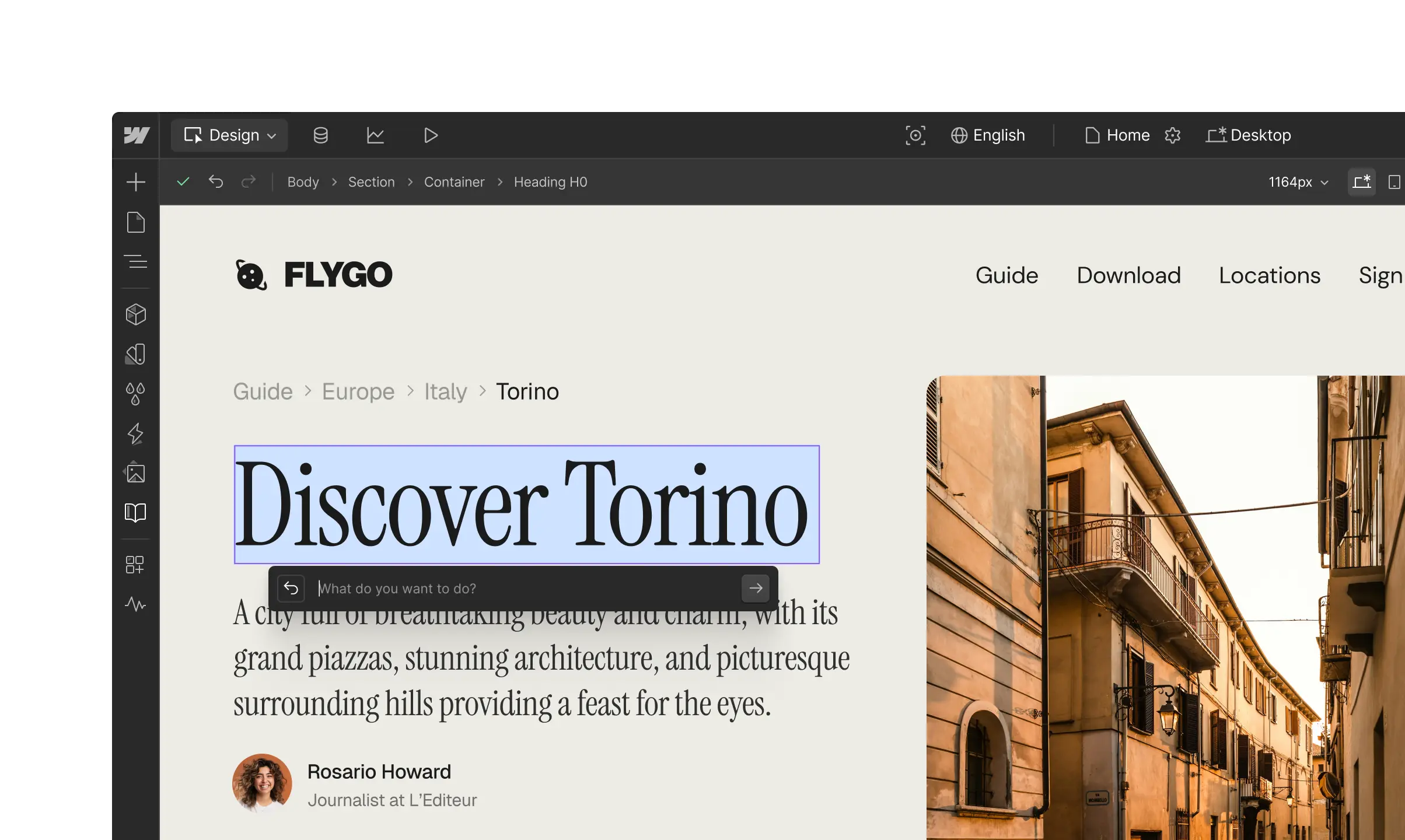 Nettsted for Flygo med overskrift 'Discover Torino' og bilde av en smal gate omgitt av italienske bygninger i Torino.