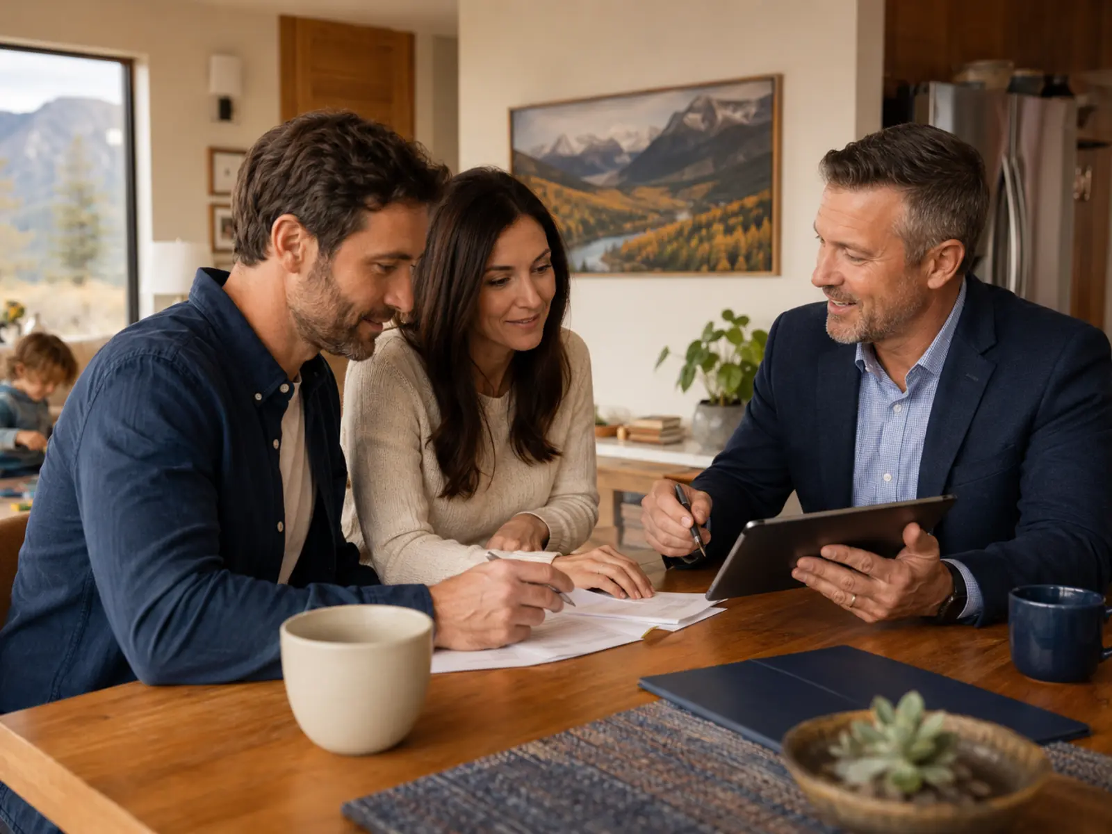 Insurance advisor helping a couple compare individual and family health coverage.