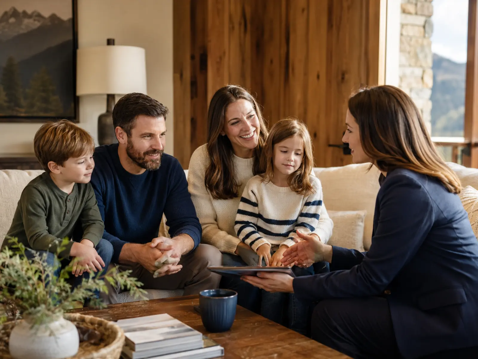 Insurance advisor discussing life insurance protection with a family at home.