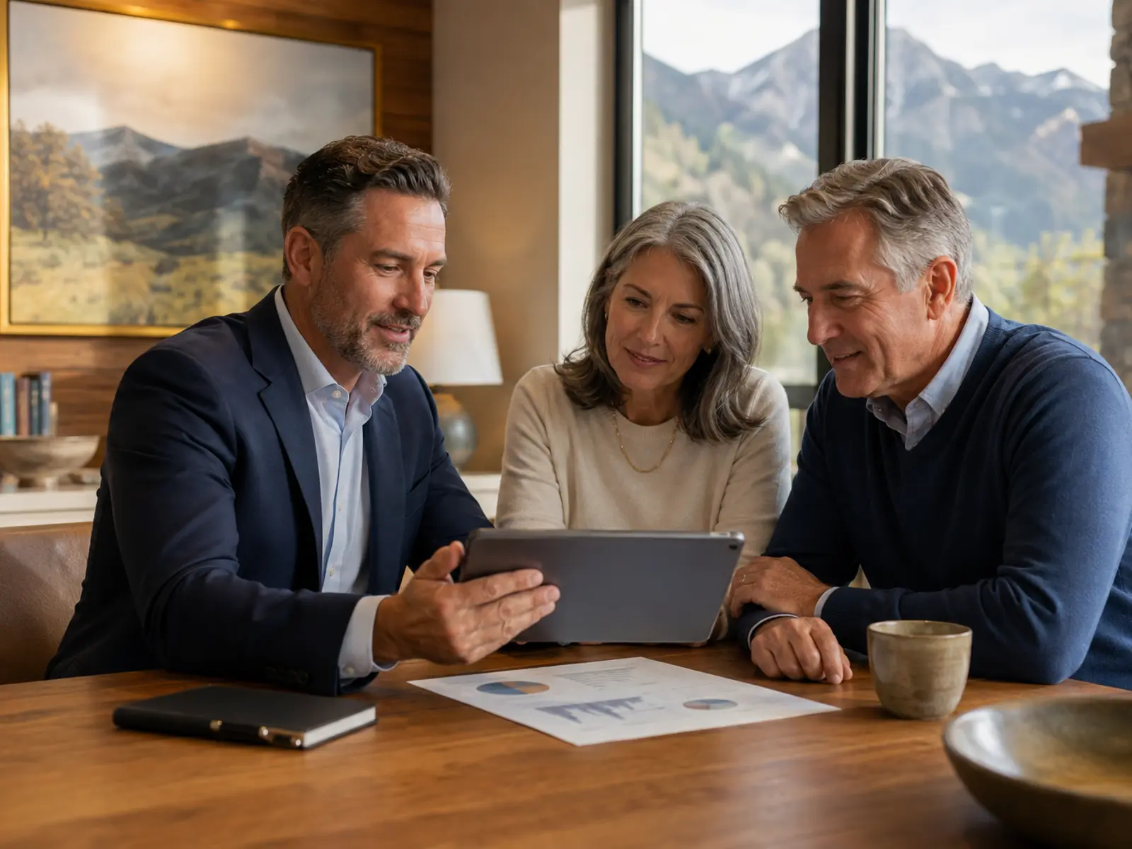 Insurance advisor helping a couple review an annuity and retirement income strategy.