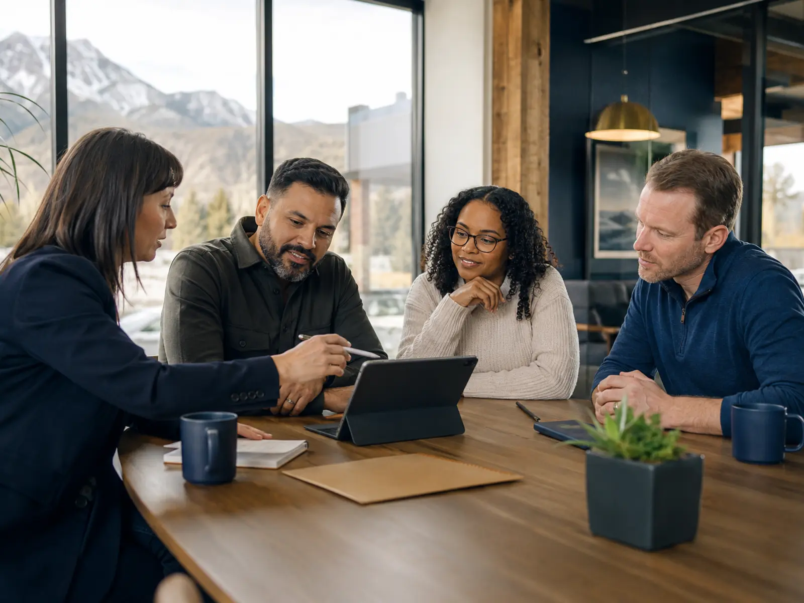 Benefits advisor reviewing employee insurance options with small-business leaders.