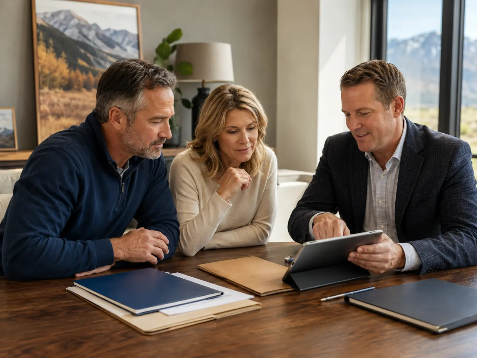 Insurance advisor helping a couple review their existing policies and coverage.