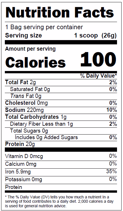 Nutrition Facts 1 Bag serving per container Serving size 1 scoop (26g) 100 Amount per serving Calories % Daily Value* Total Fat 2g 2% Saturated Fat 0g 0% Trans Fat 0g Cholesterol 0mg 0% Sodium 220mg 10% Total Carbohydrates 1g 0% Dietary Fiber Less than 1g 2% Total Sugars 0g Includes 0g Added Sugars 0% Protein 20g Vitamin D 0mcg 0% Calcium 0mg 0% Iron 5.9mg 35% Potassium 0mg 0% Protein * The % Daily Value (DV) tells you how much a nutrient In a serving of food contributes to a daily diet. 2,000 calories a day is used for general nutrition advice.