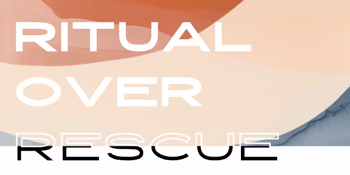 Abstract background with layered colors in orange, beige, and blue and the words 'RITUAL OVER RESCUE' in large capital letters.