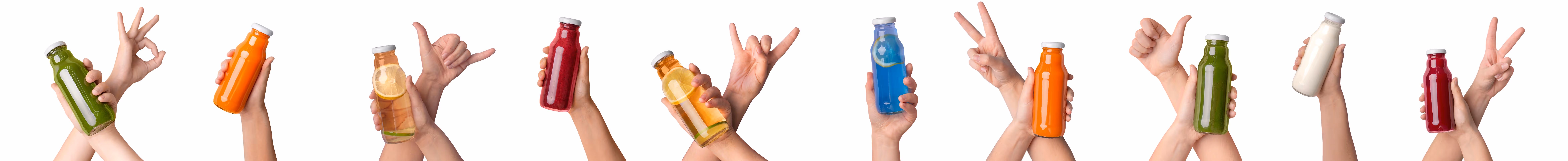 Hands holding various colorful juice bottles with different hand gestures on a white background.
