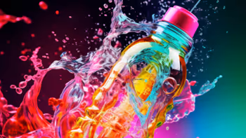 Colorful plastic bottle with a pink cap surrounded by splashing water droplets against a vibrant, multicolored background.