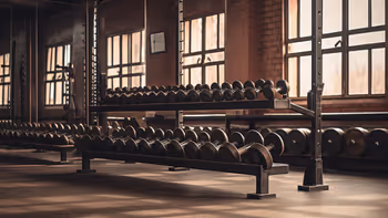 Rows of dumbbells on racks inside a gym with large windows and brick walls.