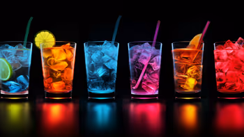 Six colorful cocktails with ice and straws lined up on a reflective black surface.