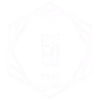 White geometric badge with text 'Fast 50 2023' on a black background.
