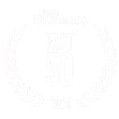 Utah Business Fast 50 2024 award emblem with laurel wreath design.