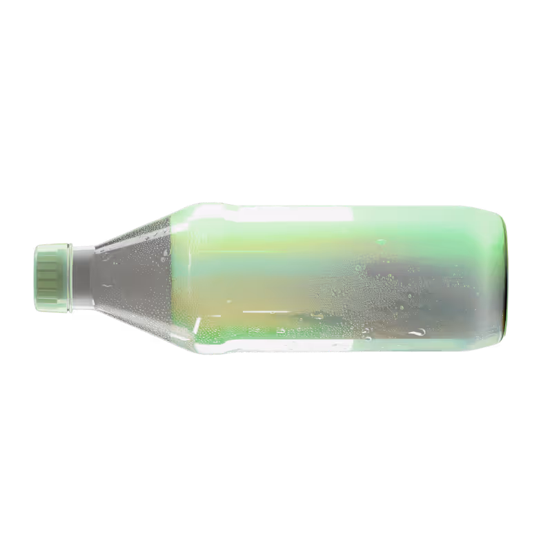 Horizontal translucent green plastic bottle with condensation droplets and a screw-on cap.