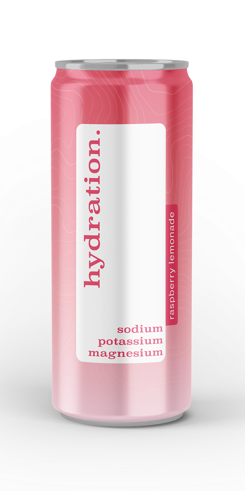 Pink aluminum can labeled hydration with raspberry lemonade flavor, featuring minerals sodium, potassium, and magnesium.