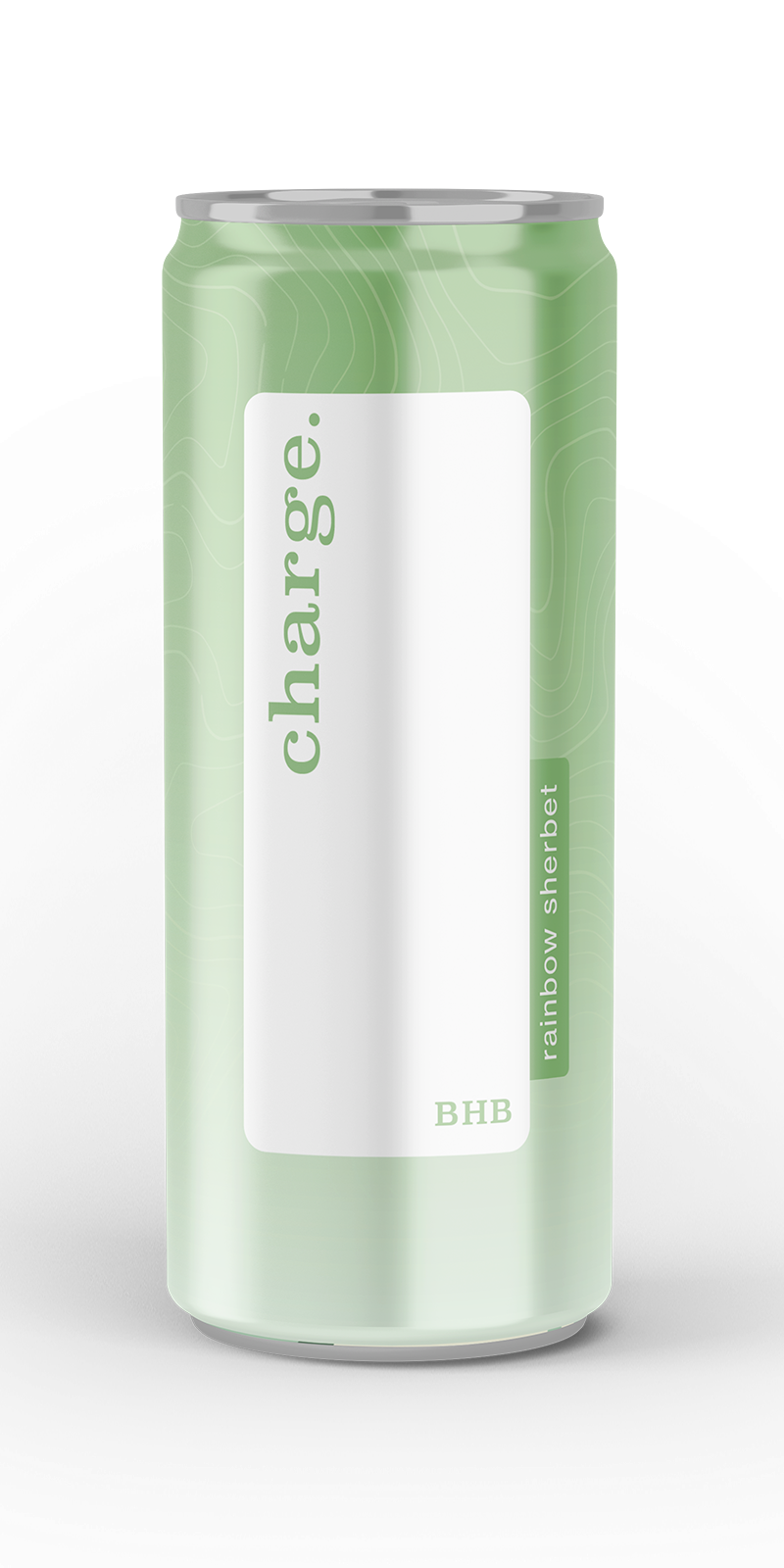 Tall light green beverage can with a white vertical rectangular label featuring the word 'charge.' in lowercase green letters, and a small green tab on the right side with the text 'rainbow sherbet'.