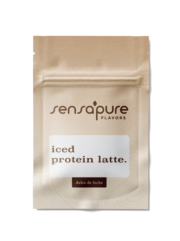 Beige resealable package of Sensapure Flavors iced protein latte with dulce de leche flavor.
