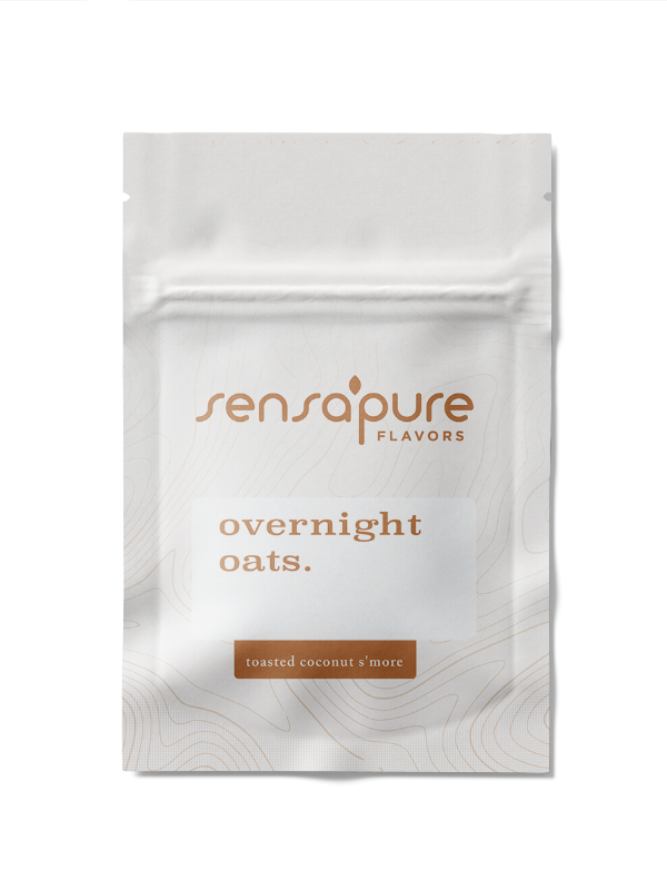 White stand-up pouch with beige topographic lines containing Sensapure Flavors overnight oats with toasted coconut s'more flavor.