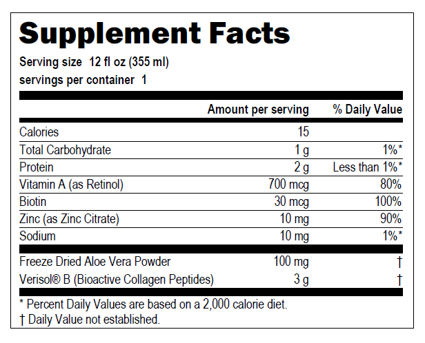 Supplement Facts label showing serving size 12 fl oz (355 ml), 1 serving per container, 15 calories, 1g total carbohydrate (1% daily value), 2g protein (less than 1% daily value), 700 mcg vitamin A (80% daily value), 30 mcg biotin (100%), 10 mg zinc as zinc citrate (90%), 10 mg sodium (1%), 100 mg freeze dried aloe vera powder, and 3 g Verisol B bioactive collagen peptides. Percent daily values based on 2,000 calorie diet. Daily value not established for aloe vera powder and collagen peptides.