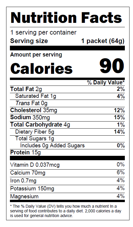 Nutrition facts label showing 1 serving per container with serving size of 1 packet (64g). Each serving contains 90 calories, 2g total fat (2% daily value), 1g saturated fat (4% DV), 0g trans fat, 35mg cholesterol (12% DV), 350mg sodium (15% DV), 4g total carbohydrates (1% DV) including 5g dietary fiber (14% DV) and 1g total sugars with 0g added sugars, 15g protein, 0.037mcg vitamin D (0% DV), 70mg calcium (6% DV), 0.7mg iron (4% DV), 150mg potassium (4% DV), and 4% magnesium. Daily values are based on a 2,000 calorie diet.