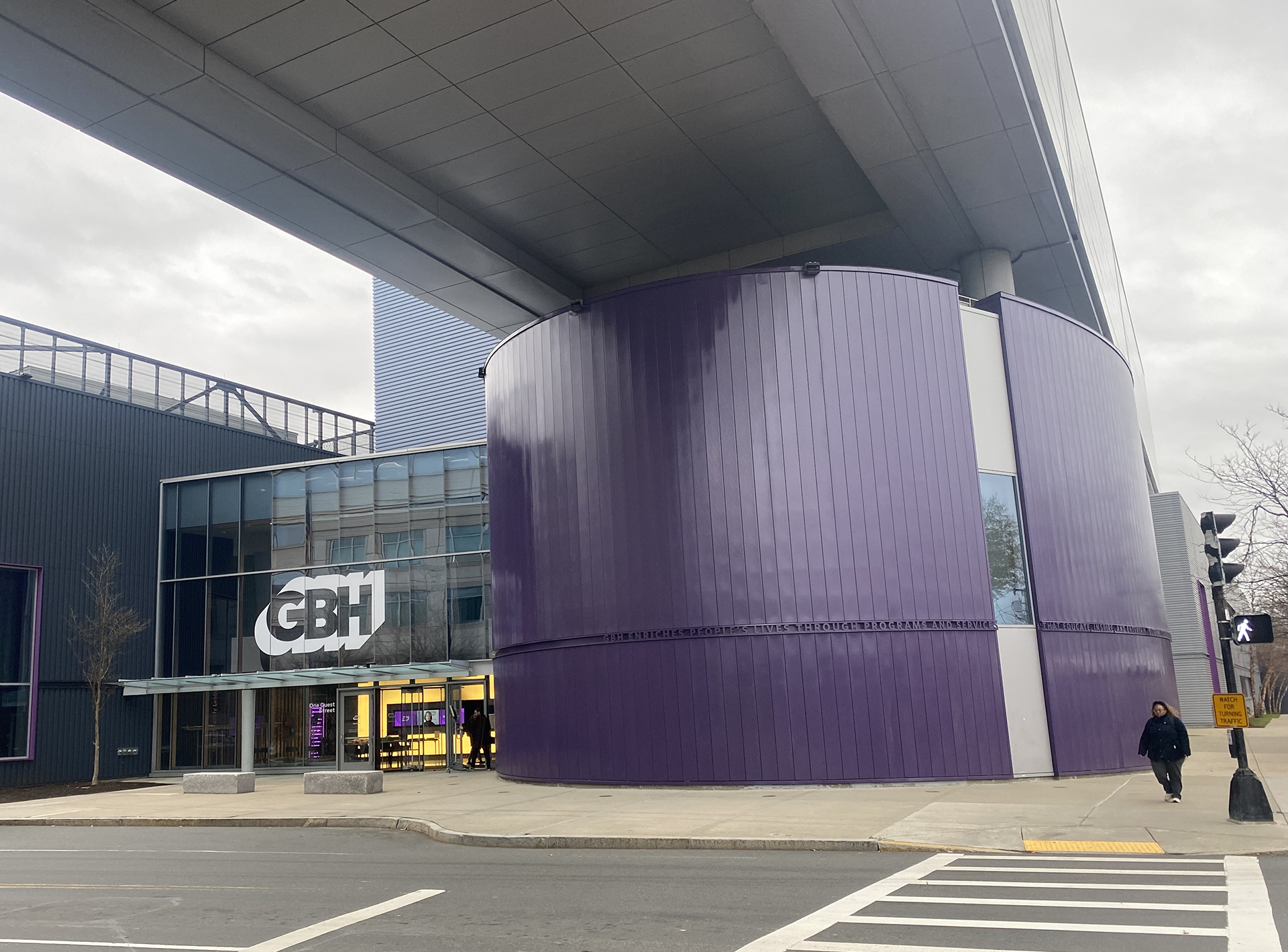 GBH's architectural feature curtain wall painted purple
