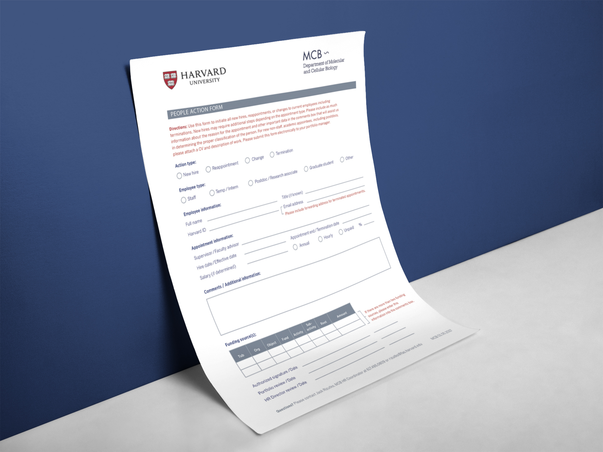 MCB fillable people action form leaning against wall