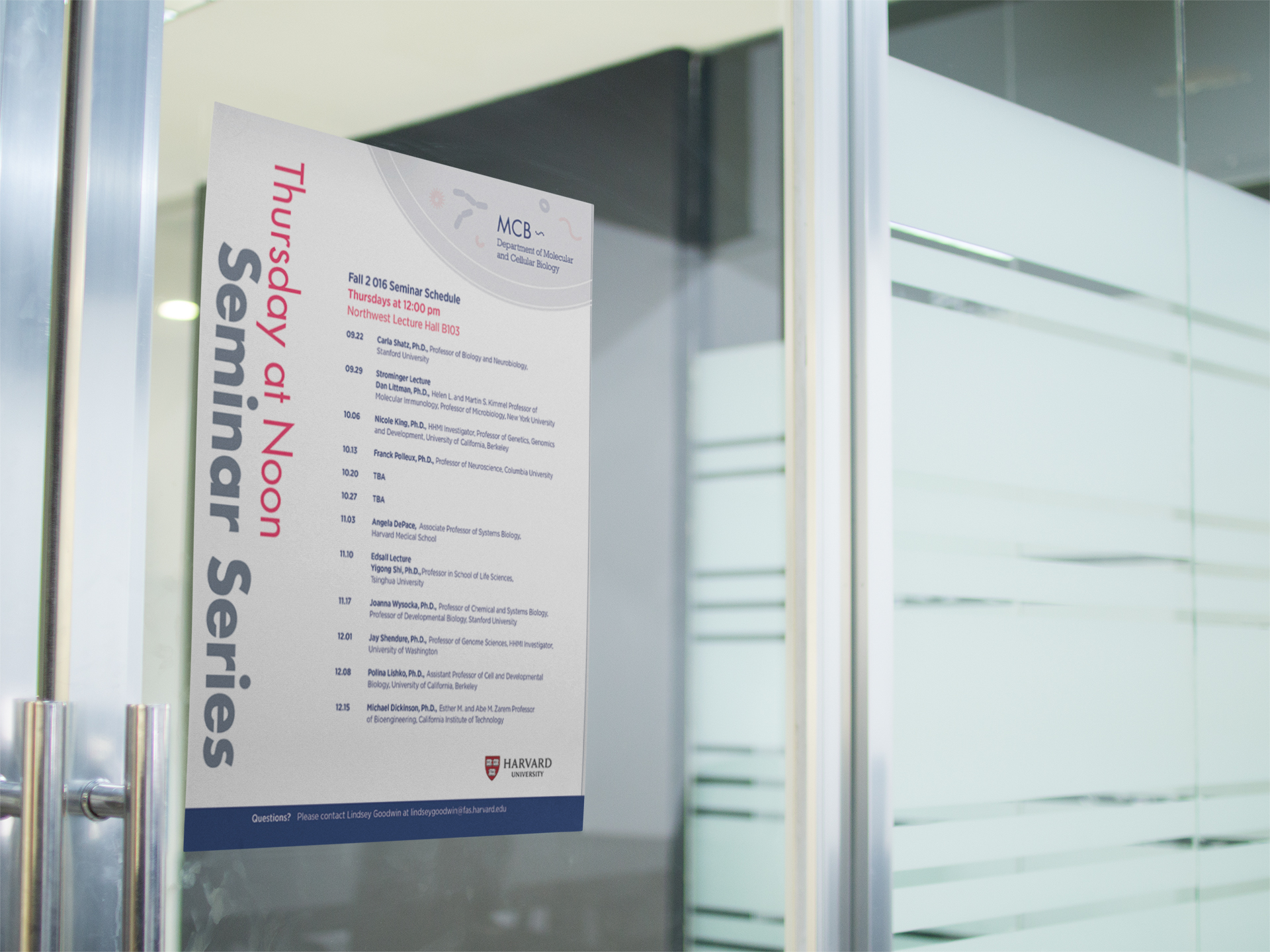 MCB lecture series agenda mounted to glass entry door