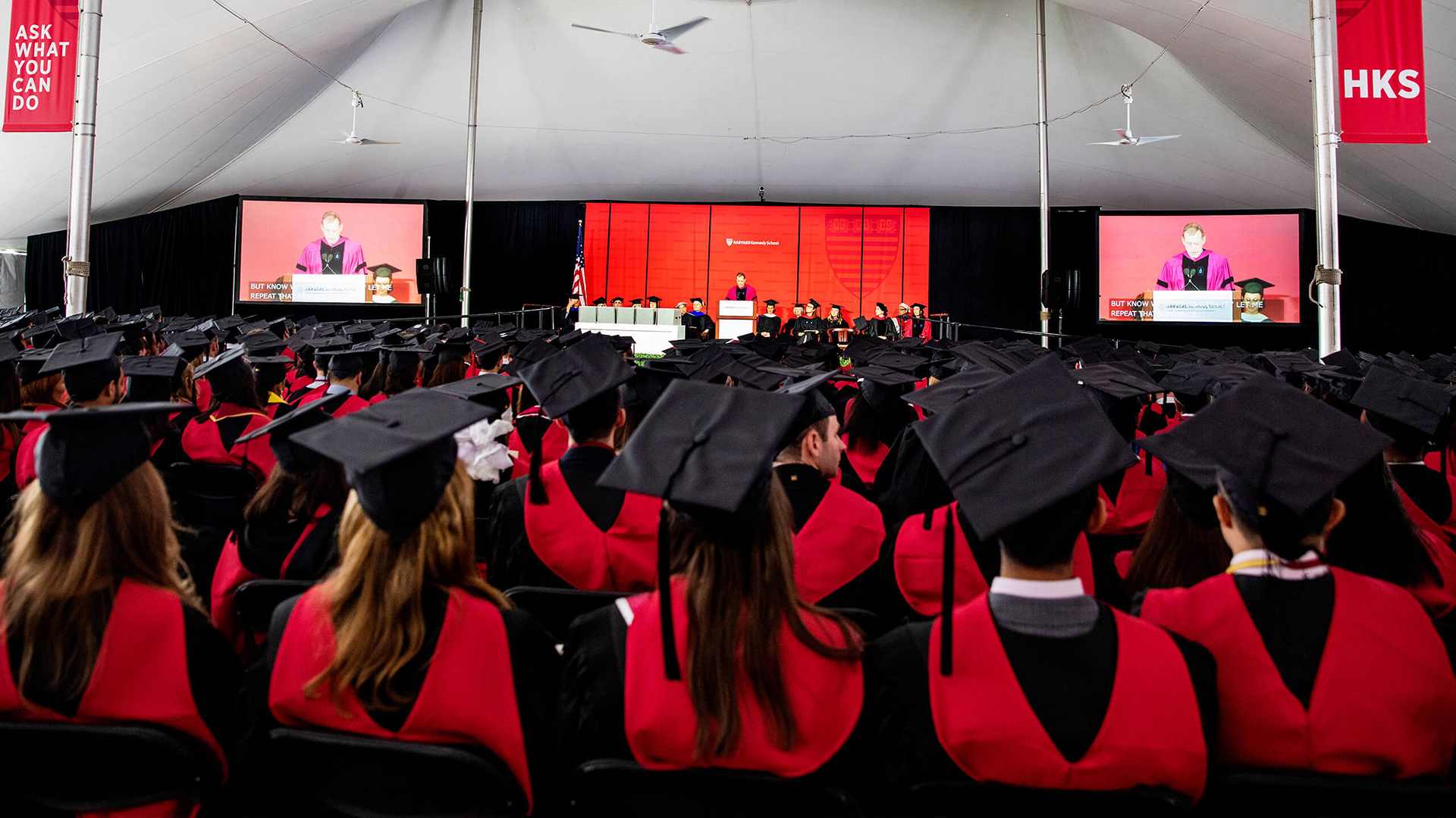 HKS Commencement set from audience perspective at back of tent