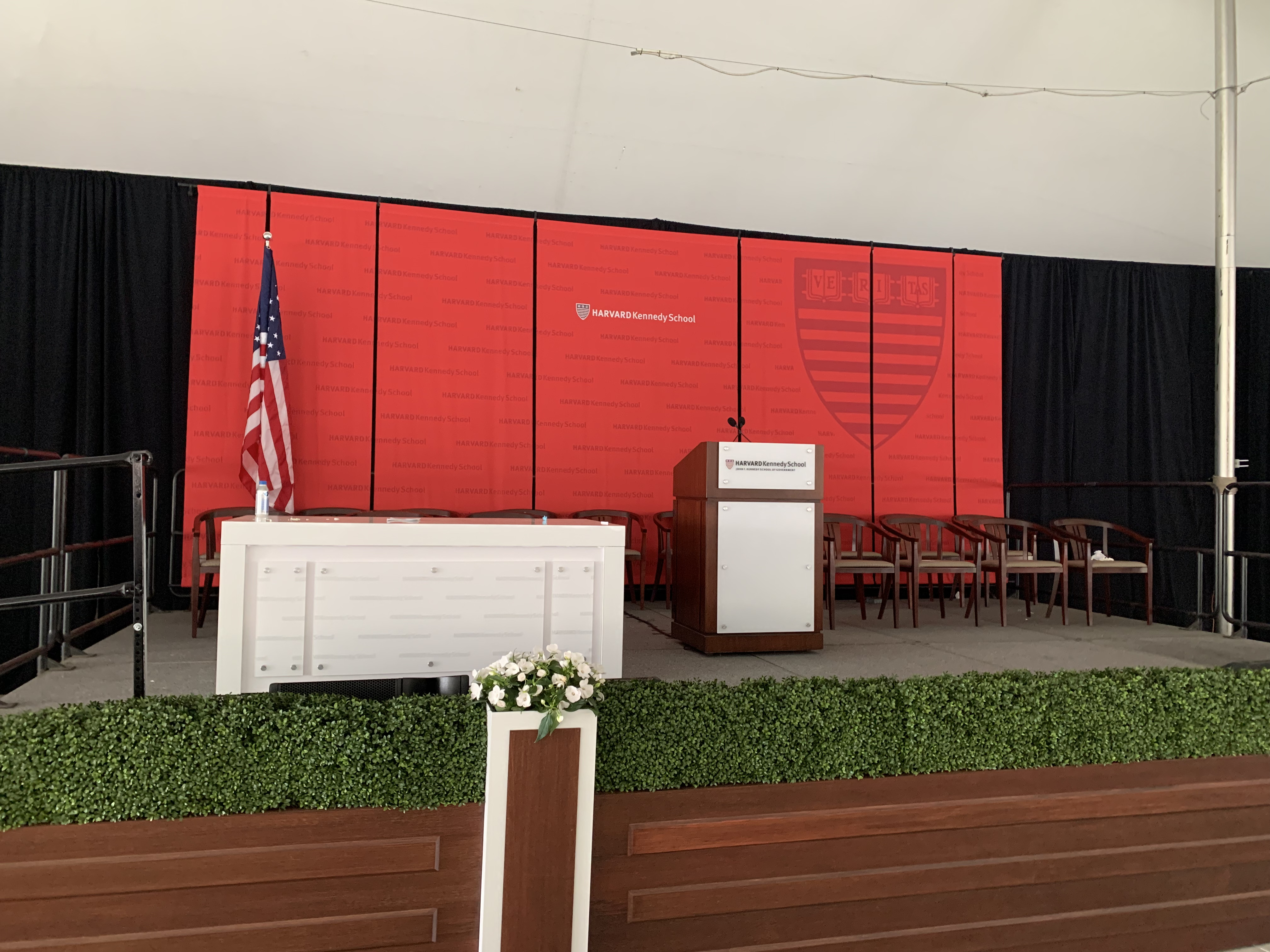 HKS Commencement set design prepped for arrival of graduating students and guests
